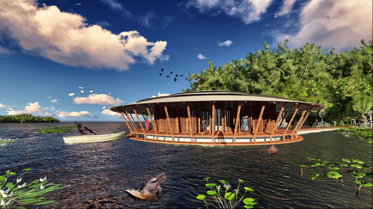 Projeto pretende criar centro de aprendizagem flutuante na Amazônia, Amazon Climate Change Learning Centre. Image © Mamori Team